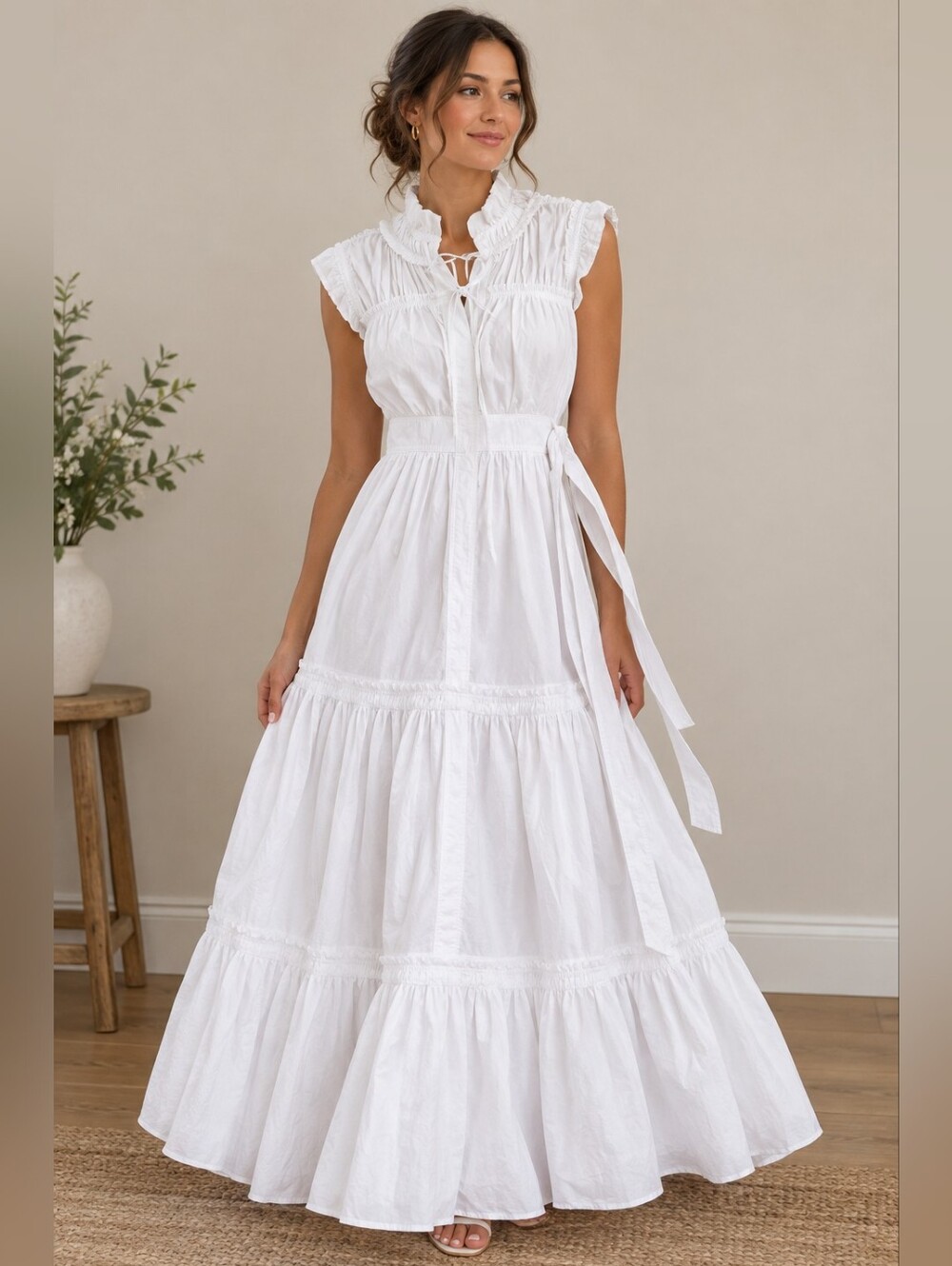 Proenza Schouler (No Label) White Ruffled Tie-Waist Maxi Dress